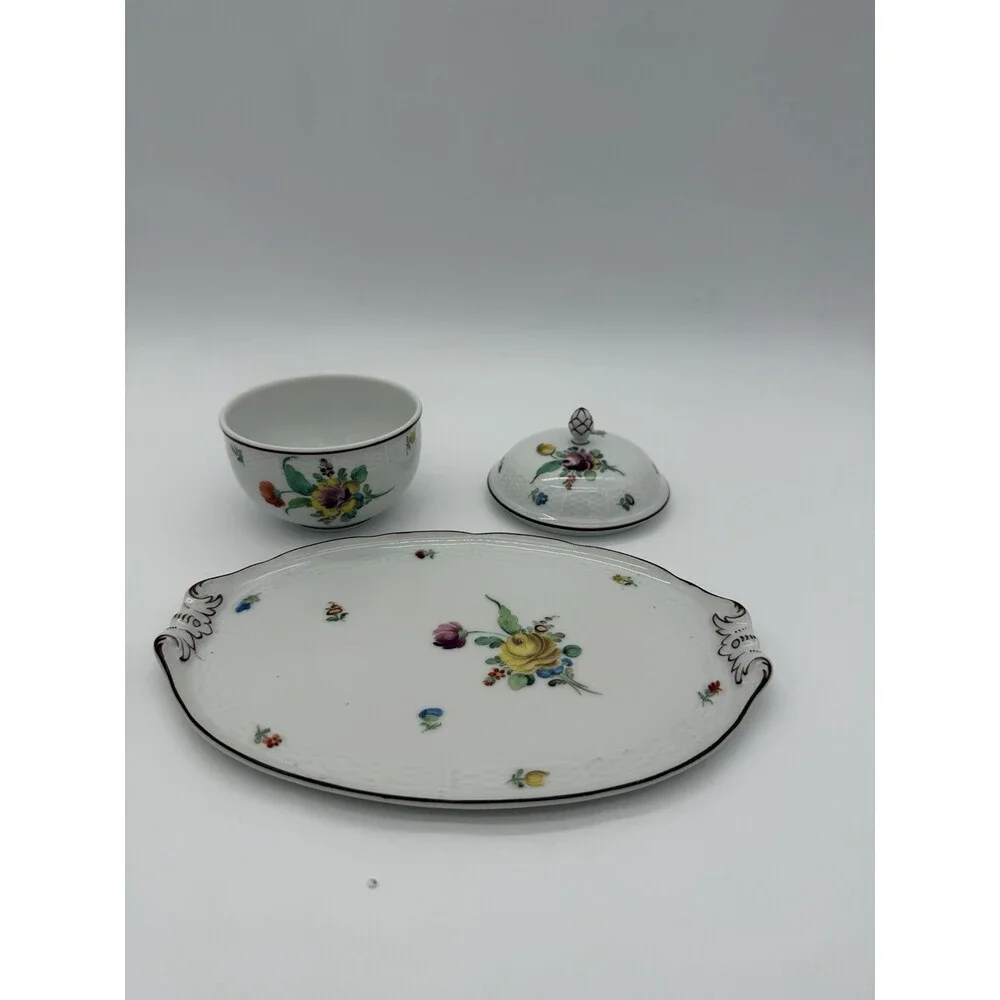 Antique Nymphenburg Porcelain Floral Sugar Bowl & Tray Basket Weave Set 2 PCs
